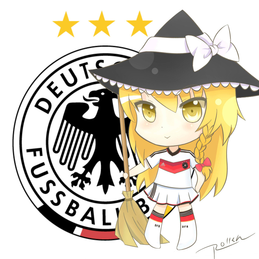 2539049 absurdres adidas blonde_hair blush bow braid broom chibi closed_mouth emblem full_body german germany hair_bow hat hat_bow highres holding jersey kirisame_marisa red_ribbon ribbon skirt smile soccer soccer_uniform sportswear standing star touhou white_bow white_legwear white_ribbon white_skirt witch_hat world_cup yellow_eyes