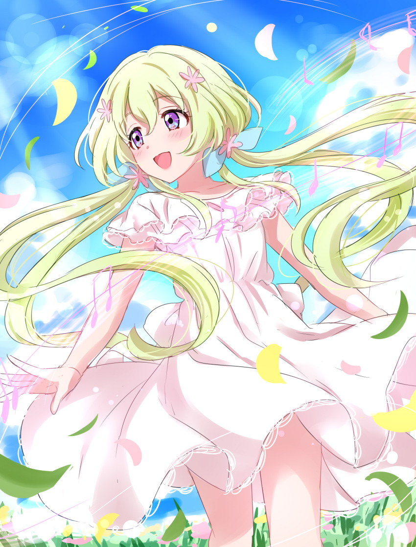 1girl :d absurdres aikatsu!_(series) aikatsu_stars! bangs blonde_hair blue_sky blush clouds commentary cowboy_shot day dress eyebrows_visible_through_hair flower futaba_aria gloves grass hair_between_eyes hair_flower hair_ornament highres leaf lens_flare lens_flare_abuse long_hair looking_away looking_to_the_side low_twintails open_mouth outdoors sekina short_sleeves sky smile solo standing twintails very_long_hair violet_eyes white_dress white_gloves