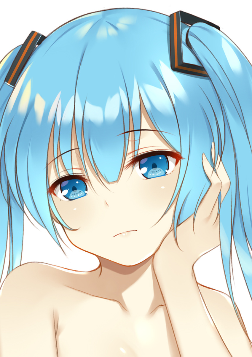 1girl blue_eyes blue_hair breasts collarbone commentary expressionless eyebrows_visible_through_hair face flan_(seeyouflan) hair_between_eyes hatsune_miku head_tilt highres long_hair looking_at_viewer nude simple_background solo vocaloid white_background