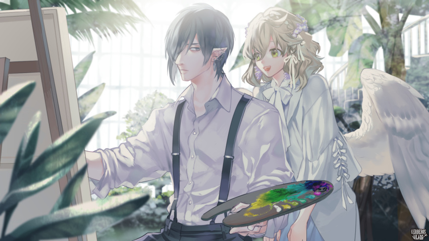 1boy 1girl :o angel_wings black_hair black_pants blonde_hair green_eyes grey_eyes hair_ornament hair_over_one_eye hair_ribbon heart heart_hair_ornament highres indoors kerberos_blade official_art otani_(gloria) painting palette pants pointy_ears ribbon shirt sitting suspenders watermark white_shirt wings