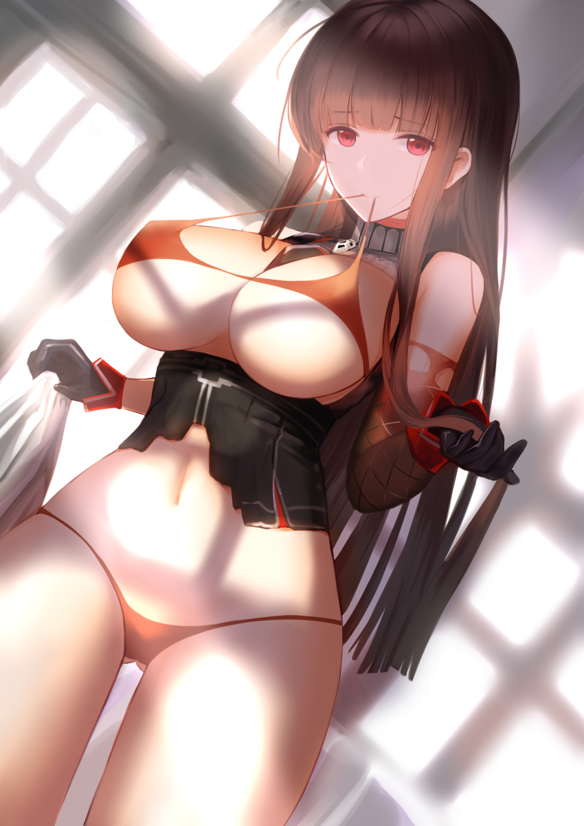 1girl absurdres ahoge ass_visible_through_thighs bangs blunt_bangs bra breasts brown_hair cleavage closed_mouth cowboy_shot damaged day dsr-50_(girls_frontline) elbow_gloves eyebrows_visible_through_hair girls_frontline gloves hands_up higandgk highres holding holding_hair indoors large_breasts long_hair looking_at_viewer mouth_hold navel panties red_bra red_eyes red_panties sidelocks single_elbow_glove smile solo stomach thighs torn_clothes underwear very_long_hair window