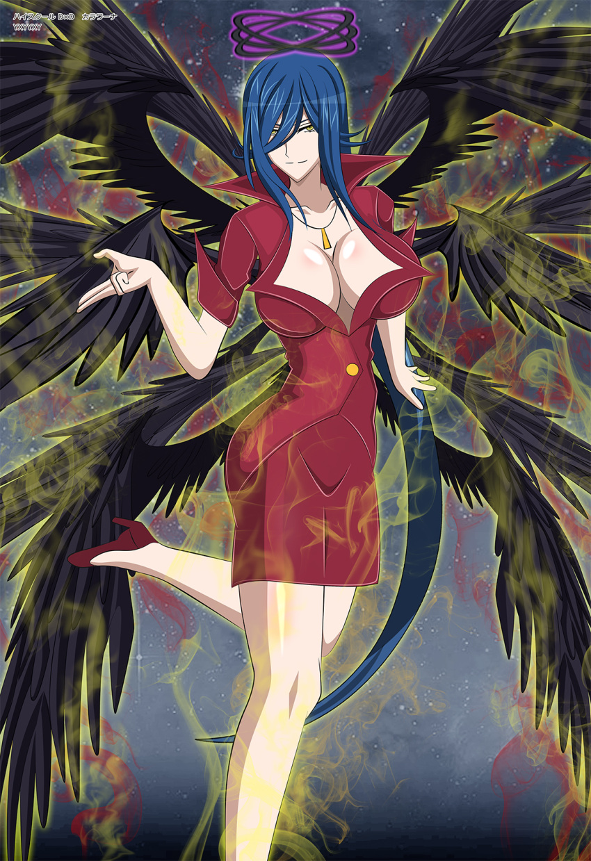 1girl bird_wings black_wings blue_hair breasts cleavage feathered_wings hair_between_eyes halo high_school_dxd highres jewelry kalawarner large_breasts long_hair multiple_wings necklace smile solo thigh-highs very_long_hair wings yellow_eyes yxyyxy