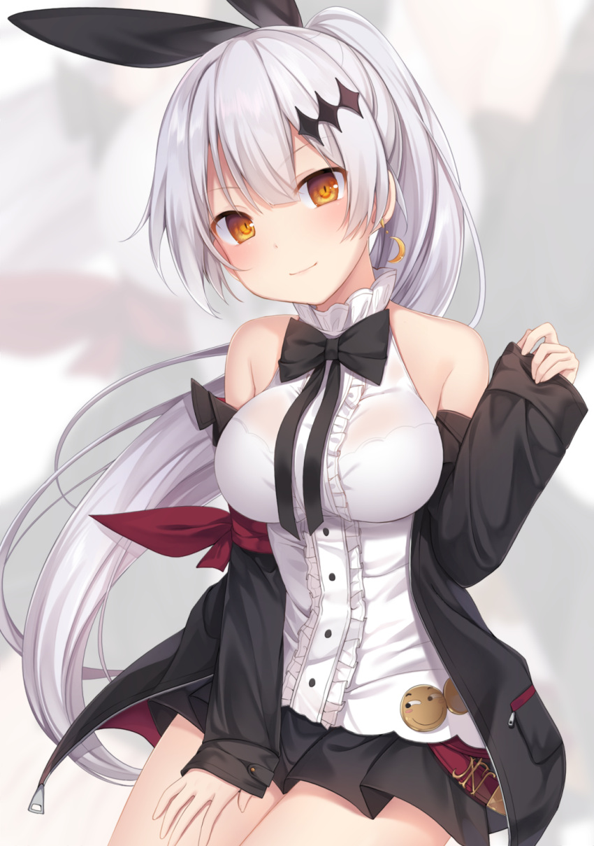 1girl amashiro_natsuki bangs bare_shoulders blouse bow bowtie breasts brown_eyes closed_mouth commentary five-seven_(girls_frontline) girls_frontline hair_bow head_tilt highres jewelry large_breasts long_hair off_shoulder pleated_skirt silver_hair single_earring sitting skirt smile solo
