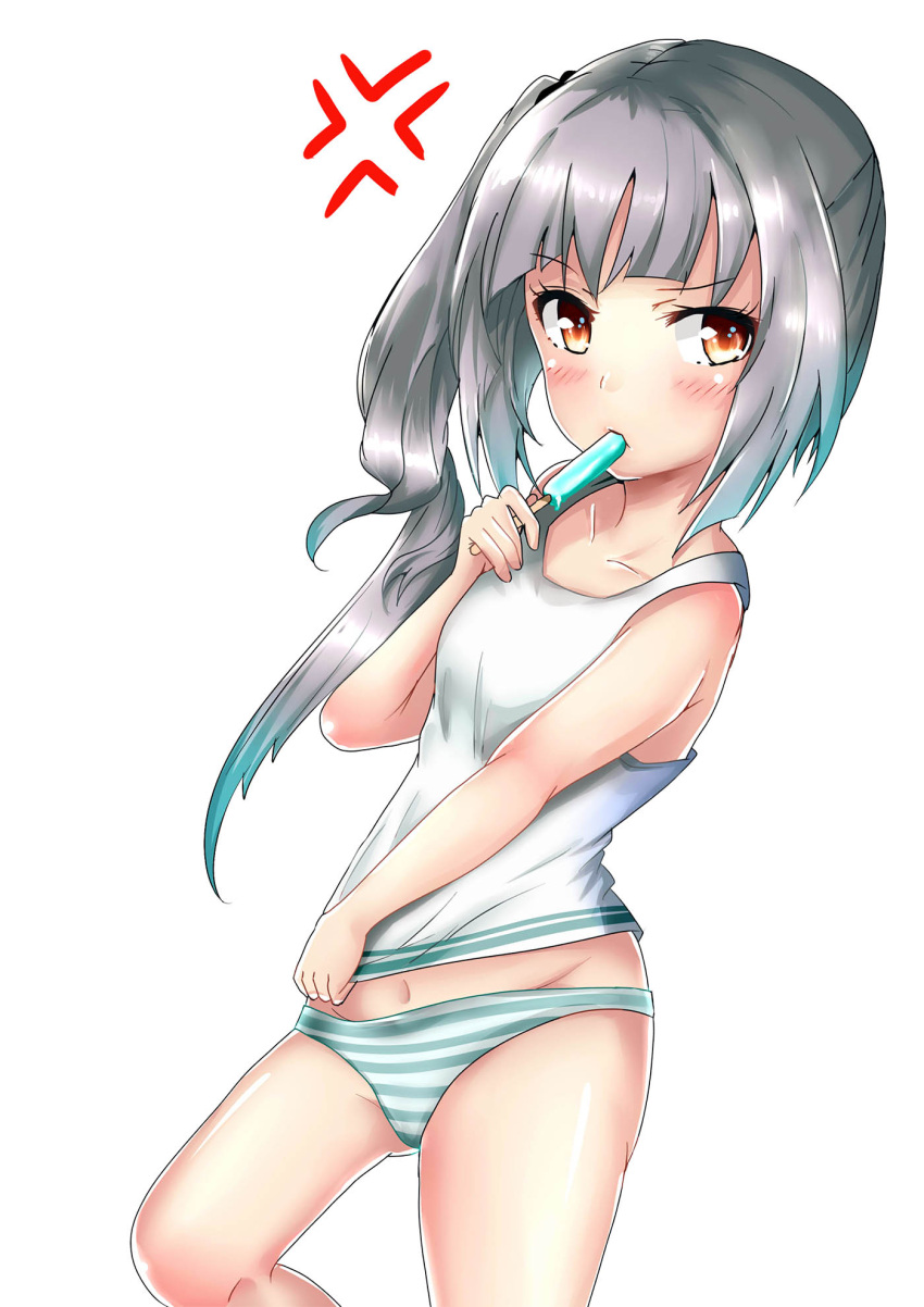 1girl blush breasts eating eyebrows_visible_through_hair fire_maxs food grey_hair highres ice_cream kantai_collection kasumi_(kantai_collection) long_hair looking_at_viewer panties popsicle shirt side_ponytail simple_background small_breasts thighs underwear white_background white_shirt