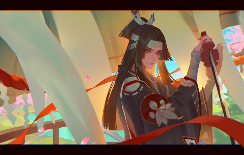 1boy bandaged_arm bandages black_hair closed_mouth commentary_request highres holding holding_sword holding_weapon katana lian_yao long_hair long_sleeves looking_at_viewer male_focus onikiri_(onmyoji) onmyoji solo sword upper_body weapon