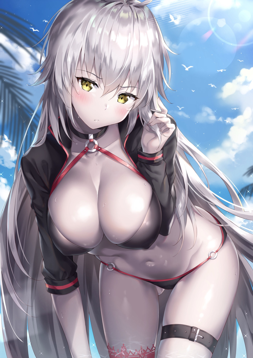 1girl absurdres ahoge ale_nqki ass_visible_through_thighs bangs bikini bird black_bikini black_jacket blue_sky blush breasts choker cleavage closed_mouth clouds collarbone commentary_request cropped_jacket day eyebrows_visible_through_hair fate/grand_order fate_(series) grey_skin hair_between_eyes hand_in_hair highres hips holding holding_hair jacket jeanne_d'arc_(alter)_(fate) jeanne_d'arc_(alter_swimsuit_berserker) jeanne_d'arc_(fate)_(all) large_breasts leaning_forward long_hair looking_at_viewer navel o-ring open_clothes open_jacket pale_skin palm_tree pink_legwear silver_hair single_thighhigh sky solo sunlight swimsuit thigh-highs thigh_strap thighs tree very_long_hair waist yellow_eyes