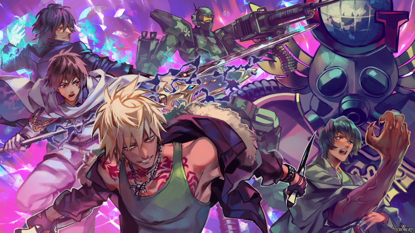 4boys :o black_hair blonde_hair blue_eyes blue_jacket brown_hair bullet cape claws copyright_name dual_wielding fighting_stance grin highres holding holding_spear holding_sword holding_weapon jacket jewelry knife male_focus mecha multiple_boys necklace official_art otani_(gloria) polearm psychic_hearts purple_background shouting smile spear sword tattoo veins weapon white_cape