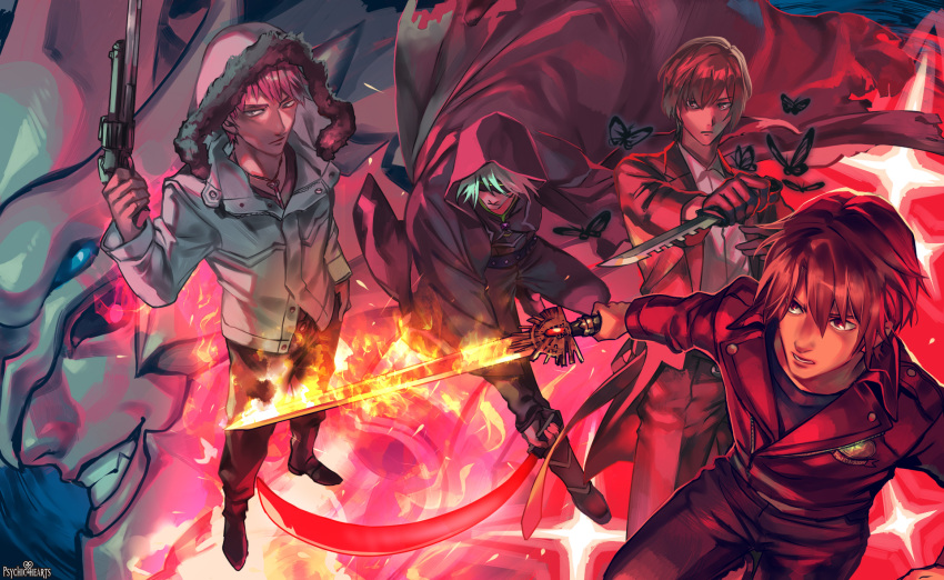 5boys black_gloves boots brown_hair bug butterfly cape copyright_name flaming_sword gloves glowing glowing_eyes grin gun hair_over_eyes hand_on_hip highres holding holding_gun holding_knife holding_sword holding_weapon insect jacket jewelry knife looking_at_viewer male_focus multiple_boys necklace official_art otani_(gloria) psychic_hearts red_background red_eyes red_hood slashing smile standing sword weapon white_hair