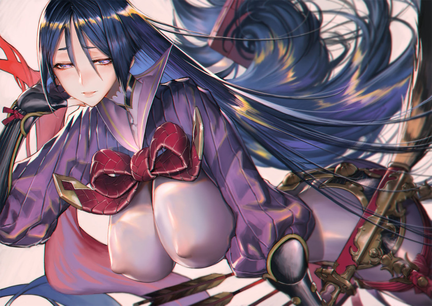 1girl arm_guards bodysuit breasts covered_nipples fate/grand_order fate_(series) large_breasts long_hair long_legs low-tied_long_hair minamoto_no_raikou_(fate/grand_order) purple_bodysuit purple_hair shaliva sheath sheathed solo very_long_hair violet_eyes weapon