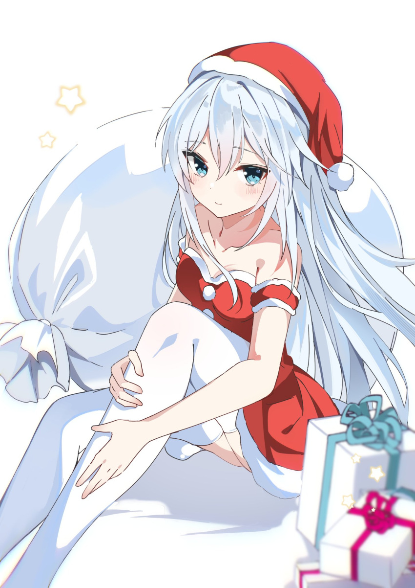 bag blue_eyes breasts collarbone dress fathom gift hat hibiki_(kancolle) highres kantai_collection long_hair looking_at_viewer on_floor santa_dress santa_hat simple_background small_breasts star_(symbol) strapless strapless_dress thigh-highs white_hair white_thighhighs