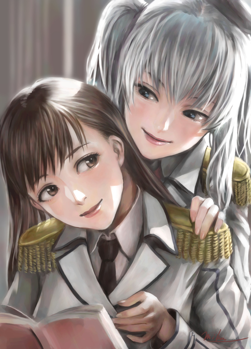 2girls absurdres bangs beret black_neckwear blue_eyes blush book breasts brown_eyes brown_hair buttons collared_shirt cosplay day epaulettes gloves hand_on_another's_shoulder hat highres holding holding_book indoors jacket kantai_collection kashima_(kantai_collection) katori_(kantai_collection) katori_(kantai_collection)_(cosplay) large_breasts long_hair long_sleeves looking_at_another military military_jacket military_uniform multiple_girls murasaki-sin necktie ooi_(kantai_collection) open_mouth shirt sidelocks silver_hair smile tsurime twintails uniform wavy_hair white_gloves white_jacket white_shirt