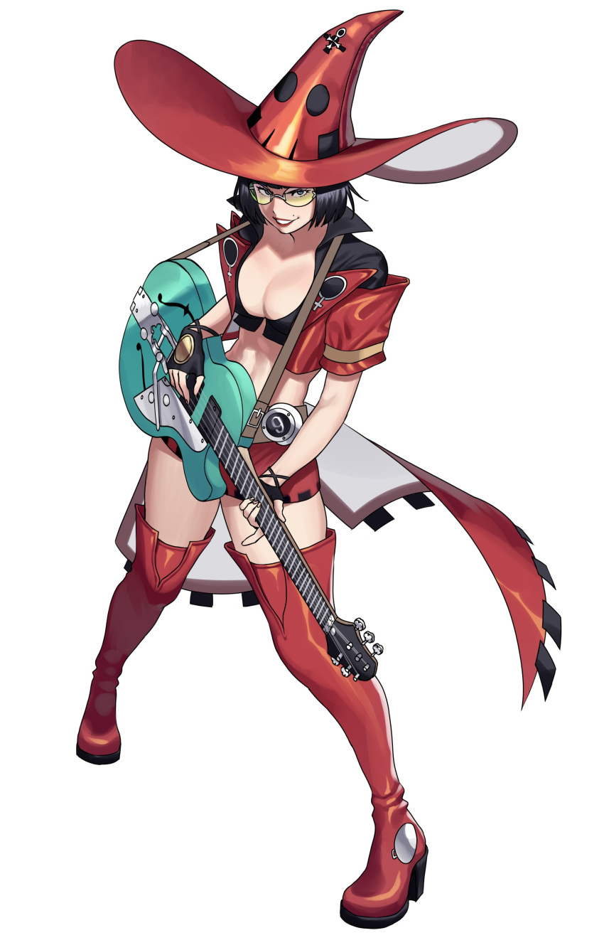 1girl absurdres bangs belt blue_eyes breasts brown_hair eyebrows_visible_through_hair fingerless_gloves gloves guilty_gear guitar hair_ornament hanny_(uirusu_chan) hat highres i-no instrument large_breasts looking_at_viewer midriff navel open_mouth plectrum red_eyes short_hair simple_background smile solo thigh-highs witch_hat