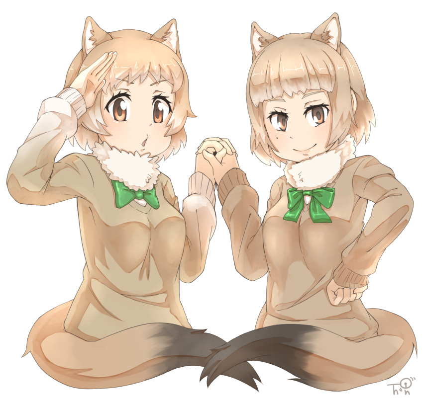 2girls animal_ears bangs black-tailed_prairie_dog_(kemono_friends) blunt_bangs bow bowtie brown_eyes brown_sweater closed_mouth commentary_request extra_ears fur_collar green_bow hand_holding hand_on_hip hand_to_forehead hand_up hands_up highres interlocked_fingers kemono_friends light_brown_hair long_sleeves looking_at_viewer mole mole_under_eye multiple_girls open_mouth prairie_dog_ears prairie_dog_tail short_hair shoulder-to-shoulder sidelocks simple_background sweater tail tenya upper_body white_background