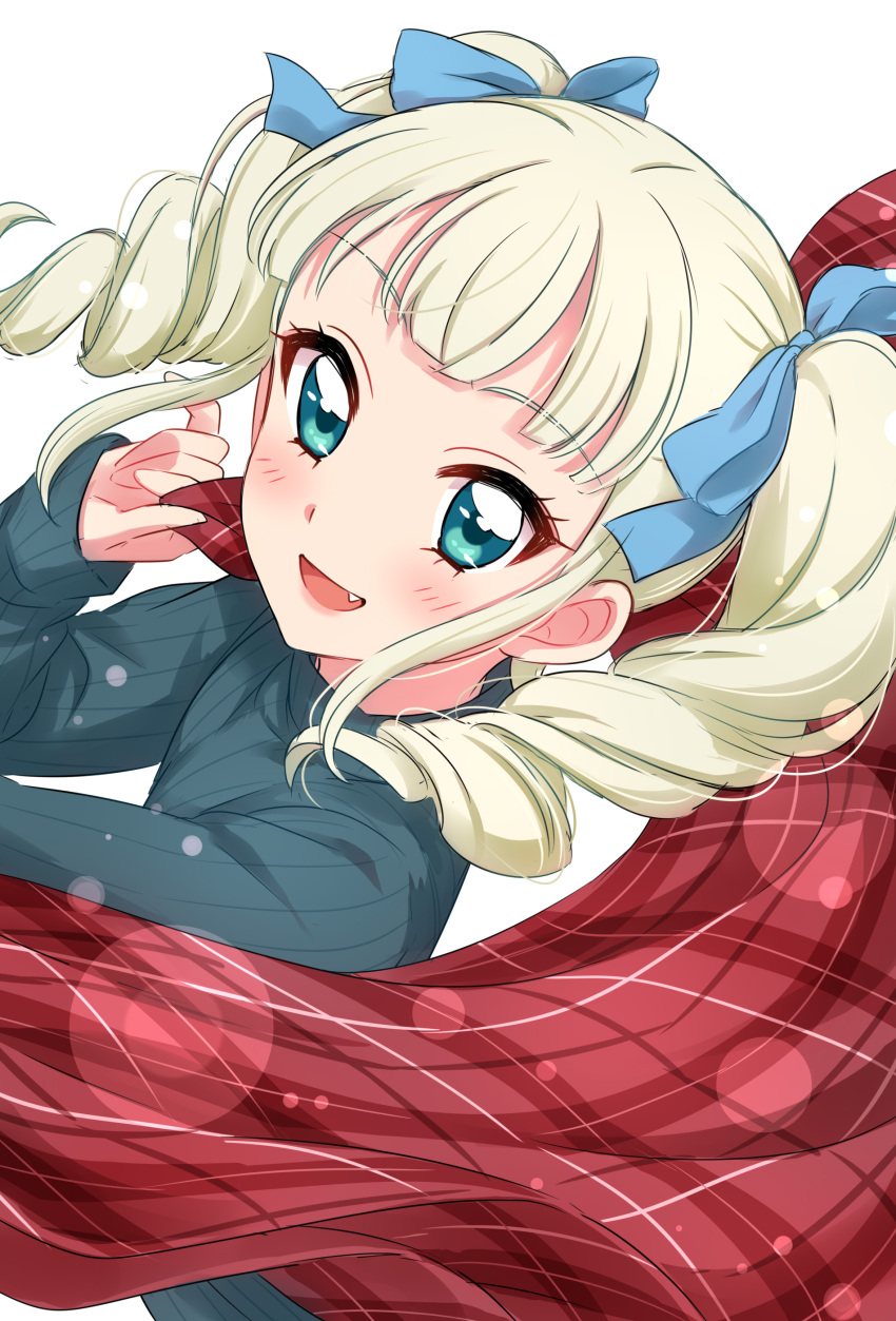 1girl :d absurdres aikatsu! aikatsu!_(series) bangs blonde_hair blue_eyes blue_sweater blunt_bangs blush commentary_request drill_hair eyebrows_visible_through_hair fang foreshortening highres holding_clothes lens_flare lens_flare_abuse long_hair long_sleeves looking_at_viewer open_mouth red_scarf scarf sekina simple_background smile solo standing sweater toudou_yurika twin_drills white_background