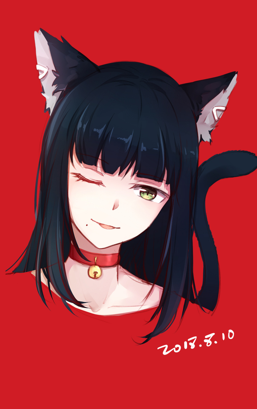 1girl 2018 ;p absurdres animal_ears bell bell_collar black_hair cat_ears cat_tail collar collarbone dated earrings gemi_25 green_eyes highres jewelry kurosawa_dia long_hair love_live! love_live!_sunshine!! one_eye_closed portrait red_background simple_background smile solo tail tongue tongue_out
