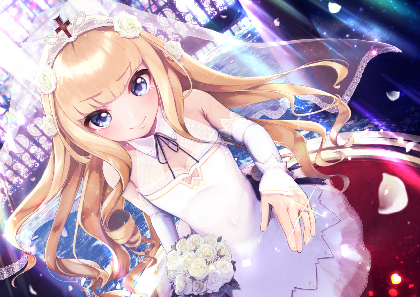 1girl 5saiji azur_lane bangs bare_shoulders blonde_hair blue_eyes blush bouquet breasts bridal_veil closed_mouth collared_dress commentary_request cross detached_sleeves dress dutch_angle eyebrows_visible_through_hair flower glint highres holding holding_bouquet indoors jewelry long_hair long_sleeves petals queen_elizabeth_(azur_lane) ring rose see-through sleeveless sleeveless_dress sleeves_past_wrists small_breasts smile solo standing tears tiara veil very_long_hair wedding_band wedding_dress white_dress white_flower white_rose