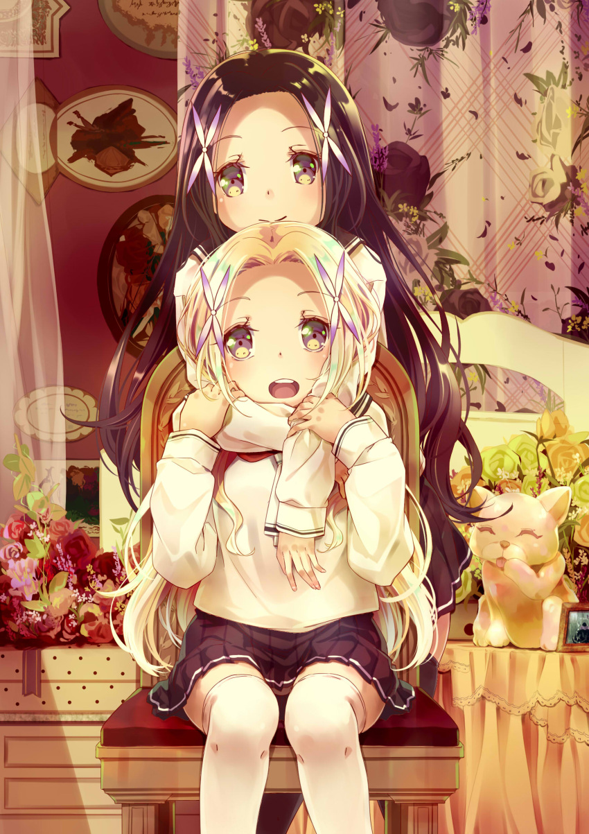 2girls 54hao :d absurdres bangs black_legwear black_sailor_collar black_skirt blush closed_mouth commentary_request eyebrows_visible_through_hair fingernails flower forehead green_flower green_rose hair_ornament head_tilt highres hug hug_from_behind indoors long_hair long_sleeves multiple_girls open_mouth original parted_bangs photo_(object) picture_frame pleated_skirt purple_hair red_flower red_rose rose round_teeth sailor_collar school_uniform serafuku shirt siblings sisters sitting skirt smile teeth thigh-highs transparent twins upper_teeth very_long_hair violet_eyes white_hair white_legwear white_shirt x_hair_ornament yellow_flower yellow_rose