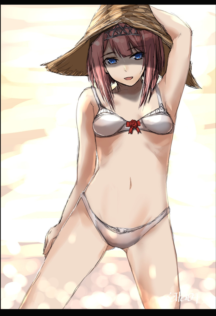 1girl ark_royal_(kantai_collection) blue_eyes blush bra breasts crown eyebrows_visible_through_hair hat highres kantai_collection looking_at_viewer open_mouth panties seitei_(04seitei) short_hair_with_long_locks small_breasts straw_hat twitter_username underwear white_bra white_panties