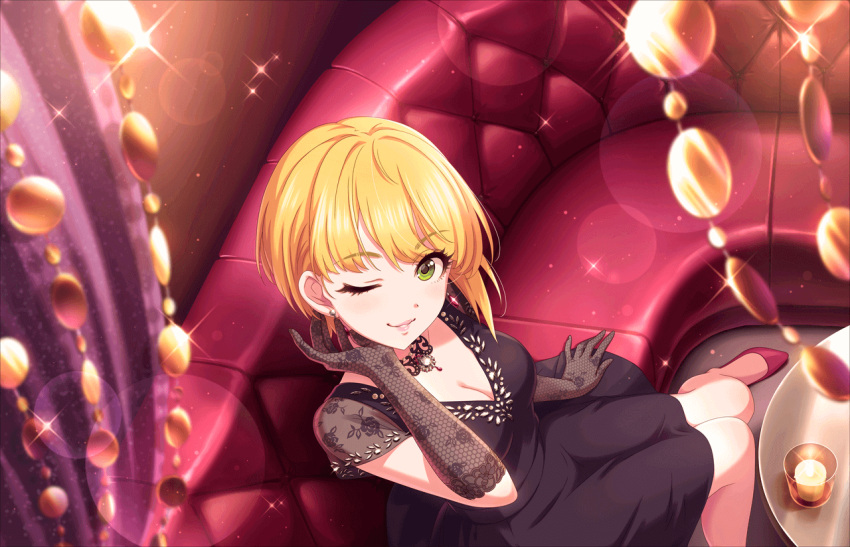 1girl artist_request bangs black_dress blonde_hair breasts cleavage collarbone crazy_crazy_(idolmaster) dress earrings elbow_gloves eyebrows_visible_through_hair eyelashes formal gloves green_eyes high_heels idolmaster idolmaster_cinderella_girls idolmaster_cinderella_girls_starlight_stage indoors jewelry lace looking_at_viewer makeup medium_breasts miyamoto_frederica necklace official_art one_eye_closed red_footwear short_hair short_sleeves sitting smile solo