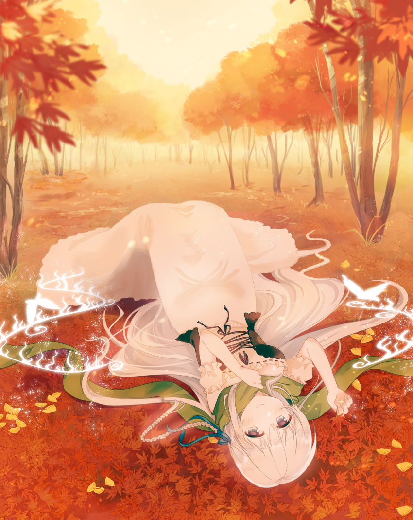 1girl autumn autumn_leaves bangs blue_ribbon blush braid brown_eyes chihuri closed_mouth day detached_sleeves dress eyebrows_visible_through_hair fingernails green_scarf hair_between_eyes hair_ribbon hands_up highres long_hair lying on_back on_ground original outdoors puffy_short_sleeves puffy_sleeves ribbon ribbon-trimmed_dress ribbon_trim scarf short_sleeves side_braid silver_hair single_braid sleeveless sleeveless_dress smile solo tree very_long_hair white_dress