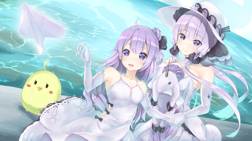 2girls :d ahoge animal azur_lane bangs bare_shoulders bird black_bow black_ribbon blue_sky blush bow breasts chick closed_mouth clouds collarbone commentary_request day dress dutch_angle elbow_gloves eyebrows_visible_through_hair gloves gradient_hair hair_between_eyes hair_bun hair_ornament hair_ribbon hand_holding hat highres horizon illustrious_(azur_lane) long_hair multicolored_hair multiple_girls object_hug ocean one_side_up open_mouth outdoors paper_airplane purple_hair ribbon sagaradai side_bun sky sleeveless sleeveless_dress small_breasts smile standing stuffed_animal stuffed_pegasus stuffed_toy stuffed_unicorn unicorn_(azur_lane) very_long_hair violet_eyes water white_dress white_gloves white_hat