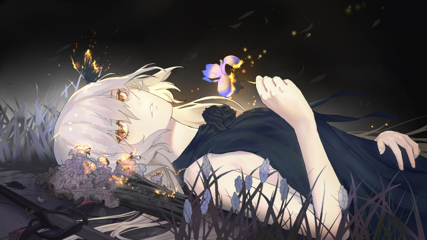1girl absurdres black_background black_dress butterfly_on_head czcz12321 dress fate/grand_order fate_(series) flower from_side hair_between_eyes highres holding holding_flower jeanne_d'arc_(alter)_(fate) jeanne_d'arc_(fate)_(all) long_hair looking_at_viewer lying on_back parted_lips silver_hair sleeveless sleeveless_dress solo upper_body yellow_eyes