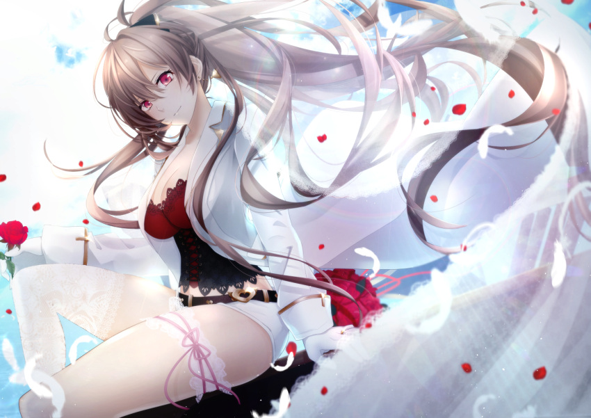 1girl alternate_costume anchor_symbol bangs belt blue_sky breasts bridal_veil bride choker cleavage clouds collarbone day dress earrings feathers floating_hair flower fulunukko hair_between_eyes head_tilt holding holding_flower jacket jean_bart_(azur_lane) jewelry knee_up lace lace-trimmed_thighhighs leg_garter light_smile long_hair long_sleeves looking_at_viewer medium_breasts open_clothes open_jacket outdoors ponytail red_eyes red_flower red_rose ring rose short_shorts shorts sidelocks single_thighhigh sitting sky smile solo thigh-highs thighs veil very_long_hair wedding_band wedding_dress white_jacket white_shorts wind wind_lift