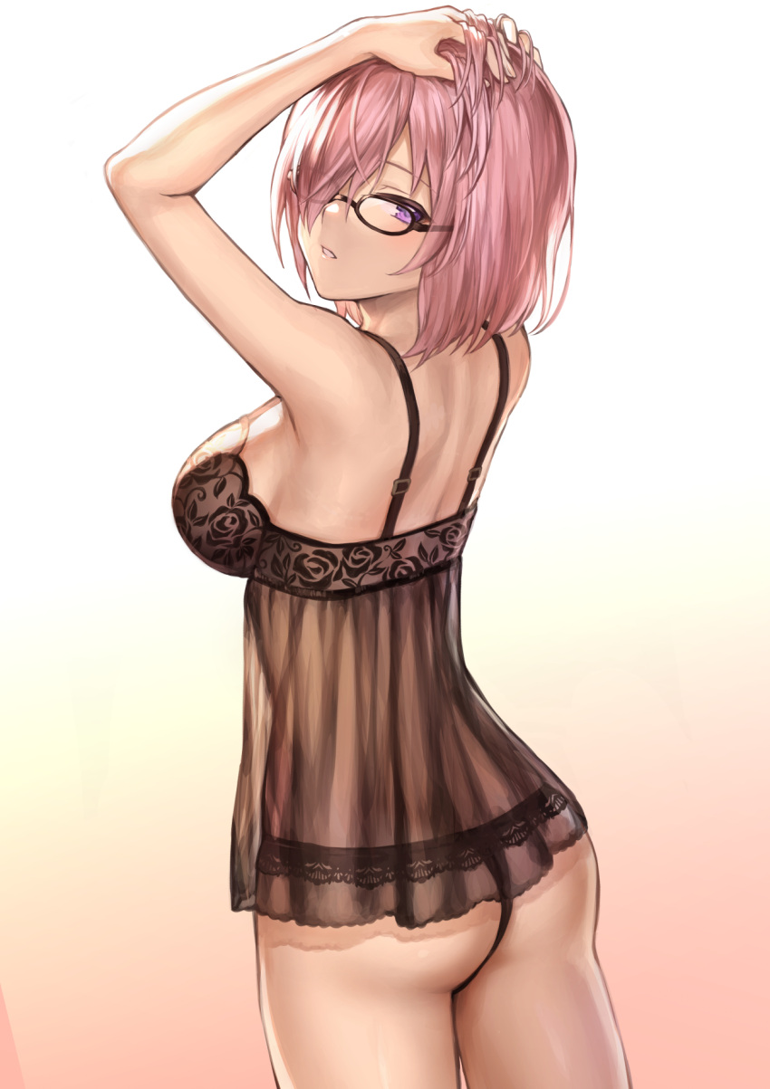 1girl ass babydoll back bare_shoulders black-framed_eyewear black_panties blush breasts commentary_request fate/grand_order fate_(series) floral_print glasses gradient gradient_background hair_over_one_eye hands_in_hair hands_up highres large_breasts lavender_hair looking_at_viewer looking_back mash_kyrielight mashu_003 panties parted_lips short_hair solo stenciled_rose thighs underwear violet_eyes waist