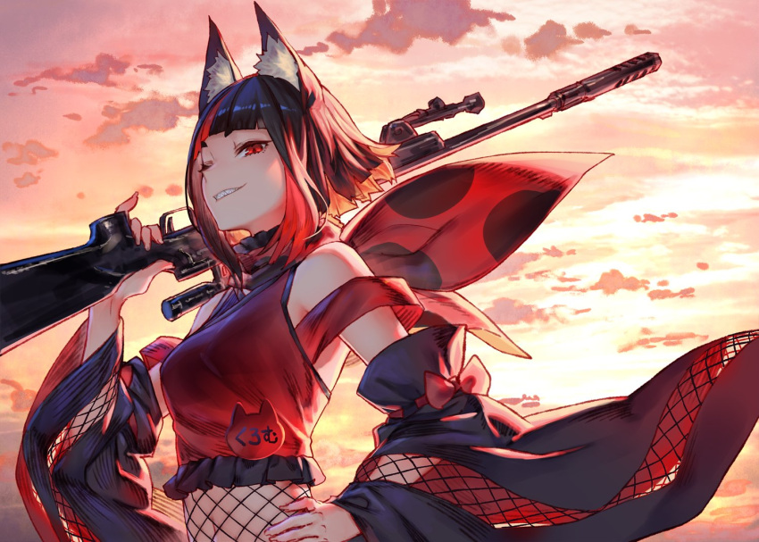 1girl animal_ear_fluff animal_ears bangs bare_shoulders black_hair blunt_bangs breasts clouds cloudy_sky commentary_request copyright_request detached_sleeves grin gun hand_on_hip holding holding_gun holding_weapon izumi_sai long_sleeves looking_at_viewer medium_breasts orange_sky pinky_out red_eyes redhead rifle sharp_teeth short_hair sky slit_pupils smile sniper_rifle solo teeth upper_body weapon