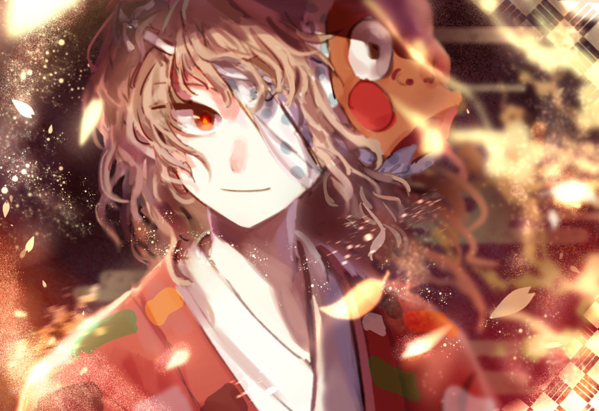 1other ametsukana_yago androgynous bandage_over_one_eye bright_pupils brown_hair closed_mouth commentary_request hemo_(hemoroda) hyottoko_mask japanese_clothes kimono len'en mask mouth_mask orange_pupils other_focus portrait red_eyes red_kimono smile solo textless_version