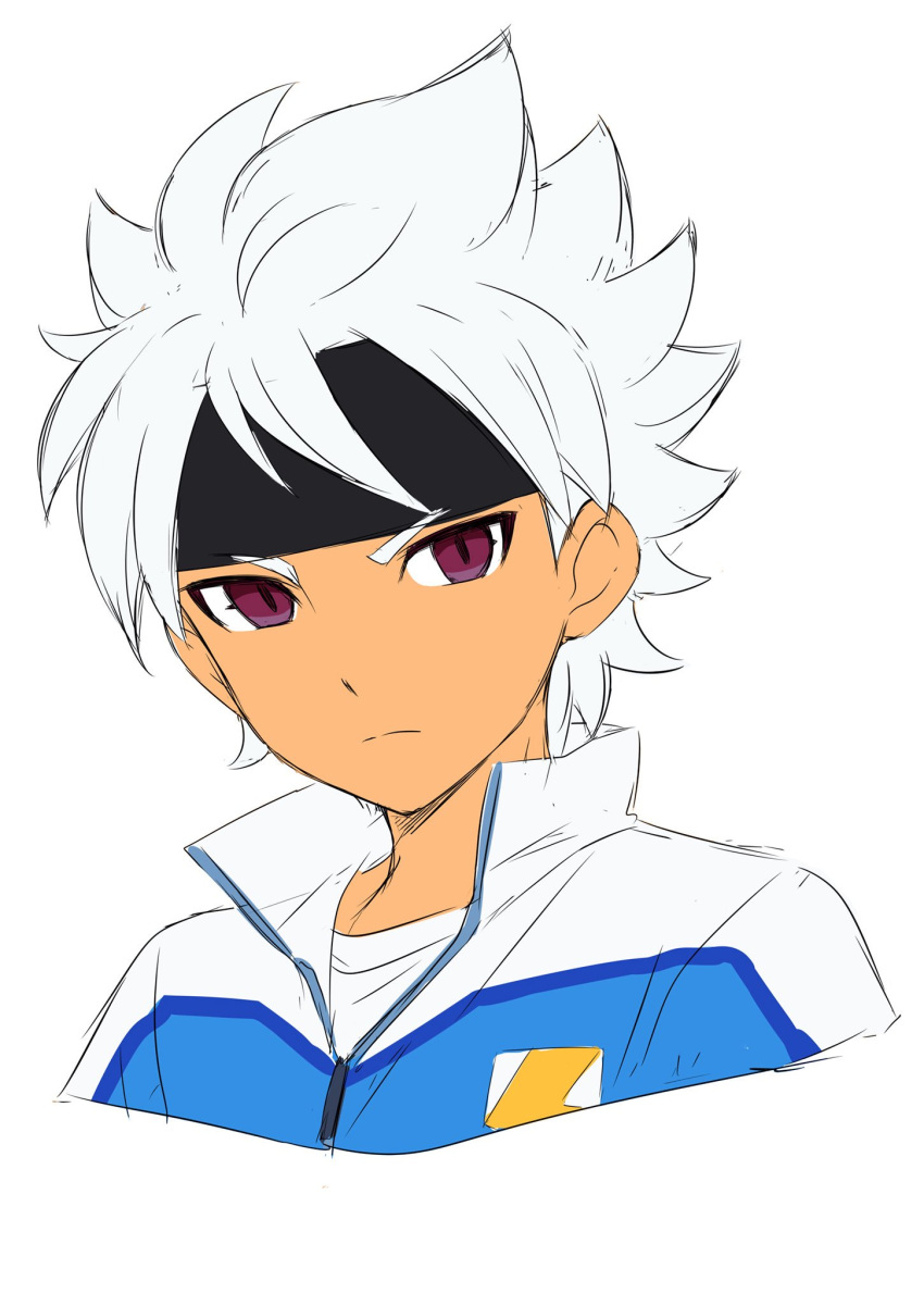 1boy character_request closed_mouth commentary_request copyright_request grey_hair headband highres inazuma_eleven_(series) looking_at_viewer male_focus red_eyes sekina simple_background slit_pupils solo upper_body white_background