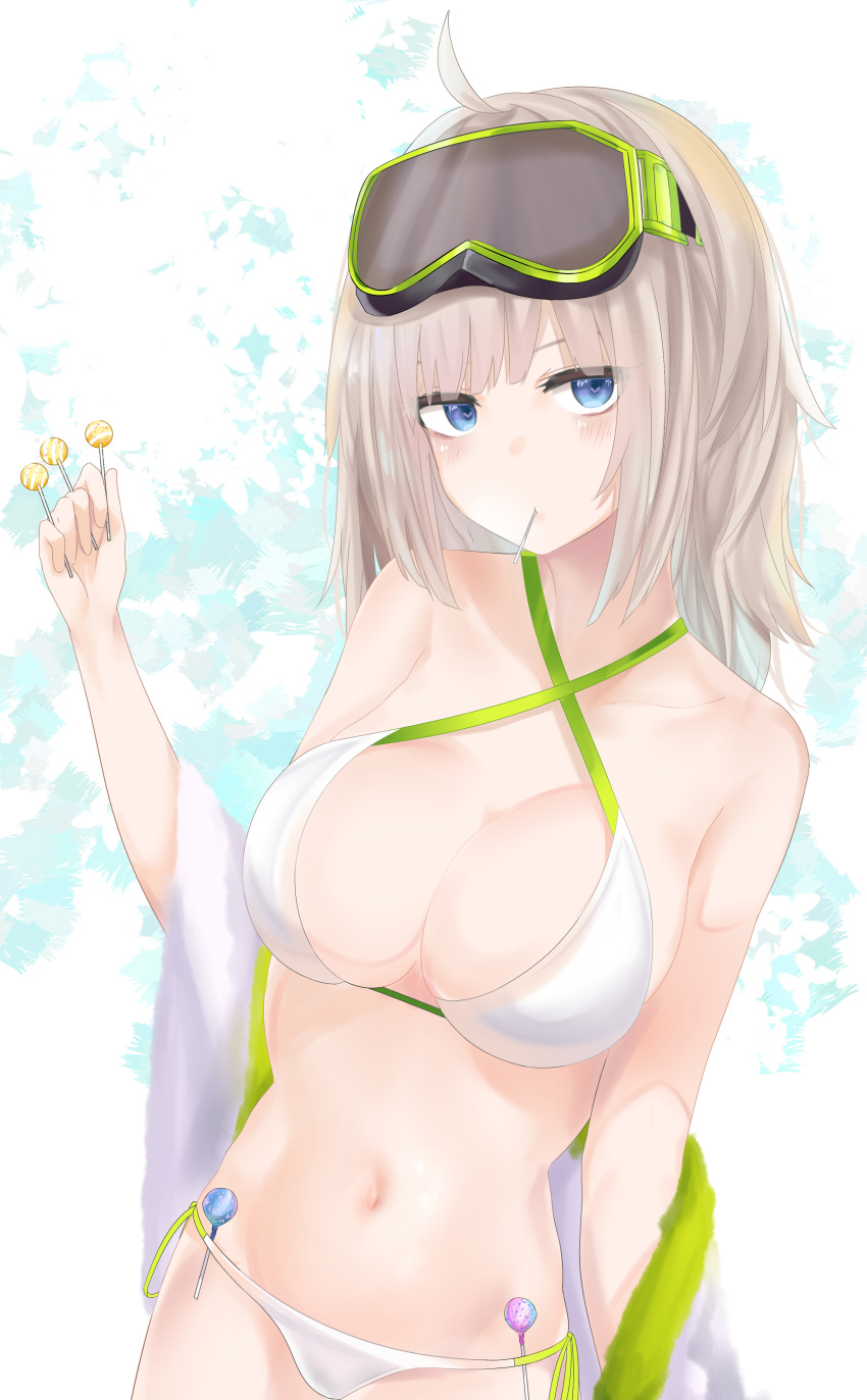 1girl aa-12_(girls_frontline) absurdres ahoge alternate_costume bags_under_eyes bangs bare_shoulders bikini blue_eyes blush breasts candy cleavage collarbone cowboy_shot food girls_frontline goggles goggles_on_head groin hair_ornament halter_top halterneck heart heart-shaped_pupils highres holding holding_food lollipop long_hair looking_at_viewer medium_breasts mouth_hold navel ru_zhai sidelocks silver_hair solo stomach swimsuit symbol-shaped_pupils towel
