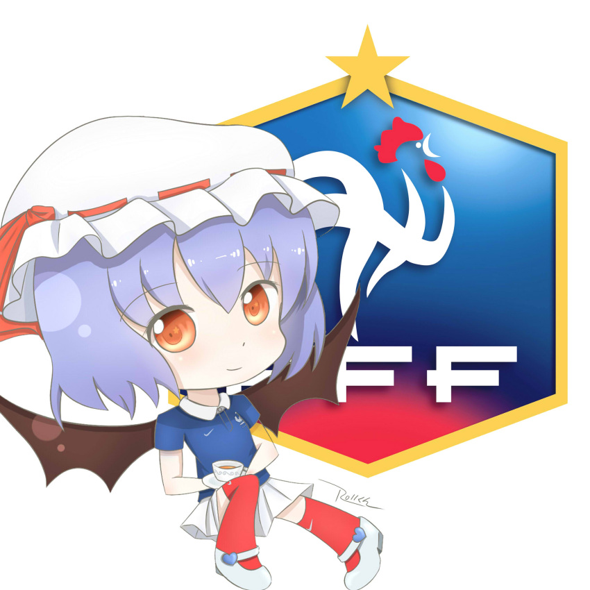 1girl bangs bat_wings bow chibi closed_mouth cup emblem eyebrows_visible_through_hair france full_body hat hat_ribbon highres holding jersey lavender_hair mini_wings mob_cap nike red_bow red_eyes red_legwear red_ribbon remilia_scarlet ribbon roll_daikufu shoes short_hair skirt smile soccer soccer_uniform solo sportswear standing star teacup touhou white_footwear white_skirt wings world_cup