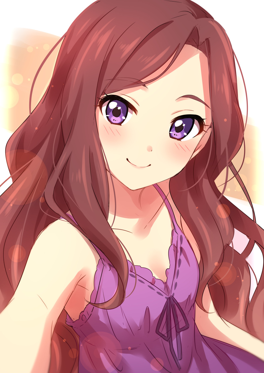1girl absurdres aikatsu!_(series) aikatsu_stars! bare_shoulders blush breasts brown_hair closed_mouth eyebrows_visible_through_hair highres kasumi_yozora lens_flare lingerie long_hair looking_at_viewer negligee sekina self_shot small_breasts smile solo underwear upper_body violet_eyes
