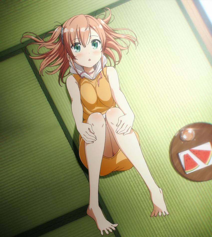 1girl barefoot feet food fruit green_eyes highres nanahashi_minori one_room orange_hair screencap short_hair spread_toes tatami toes watermelon