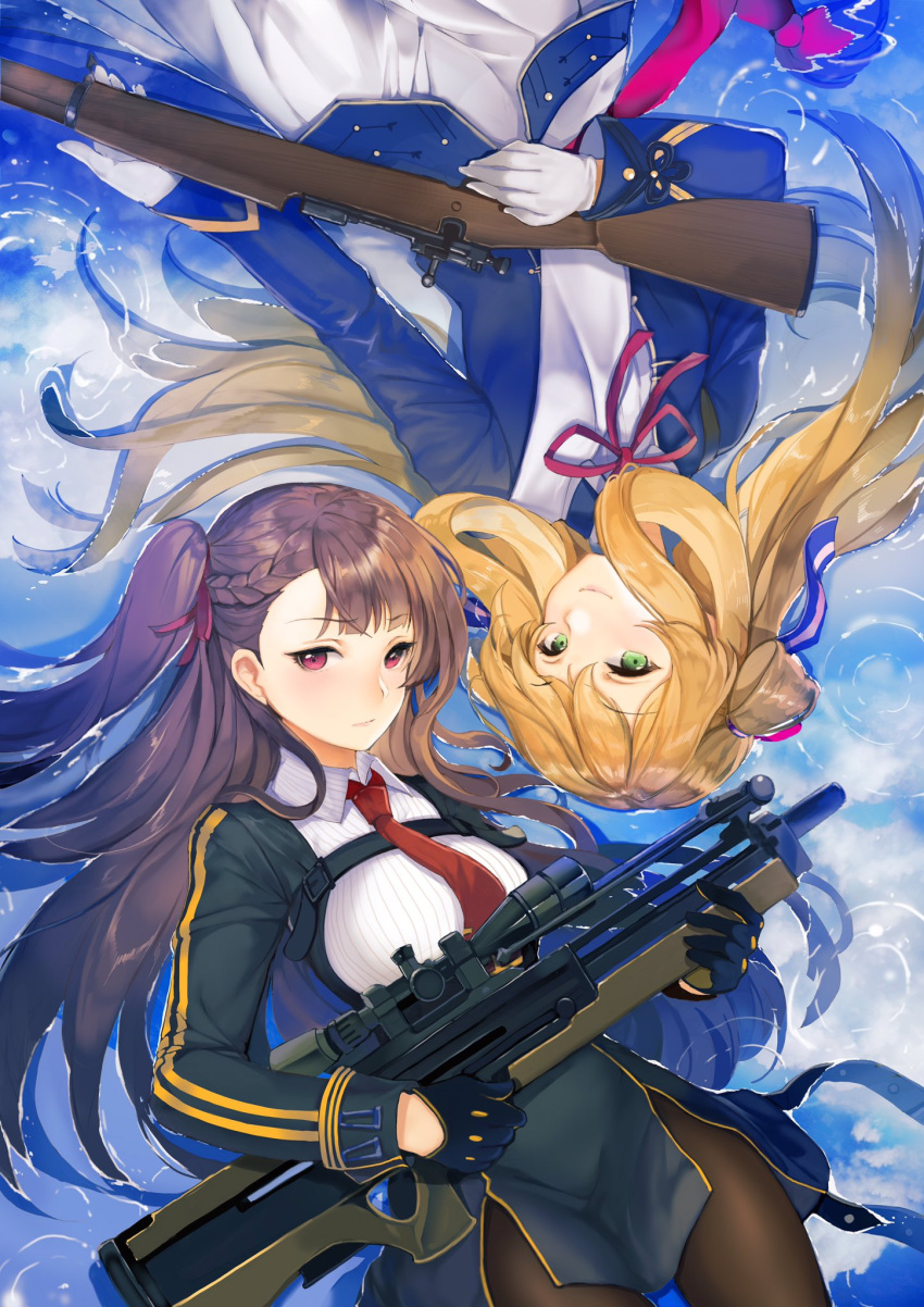 2girls bangs black_gloves blonde_hair blue_jacket blue_sky blush braid breasts brown_hair brown_legwear closed_mouth clouds collared_shirt commentary_request day eyebrows_visible_through_hair girls_frontline gloves green_eyes gun hair_spread_out half_gloves highres holding holding_gun holding_weapon jacket large_breasts long_hair long_sleeves looking_at_viewer lying m1903_springfield_(girls_frontline) multiple_girls neck_ribbon necktie one_side_up open_clothes open_jacket outdoors pantyhose pelvic_curtain red_eyes red_neckwear red_ribbon reflection ribbon shirt sibyl skirt sky smile wa2000_(girls_frontline) weapon weapon_request white_gloves white_ribbon white_shirt white_skirt wing_collar