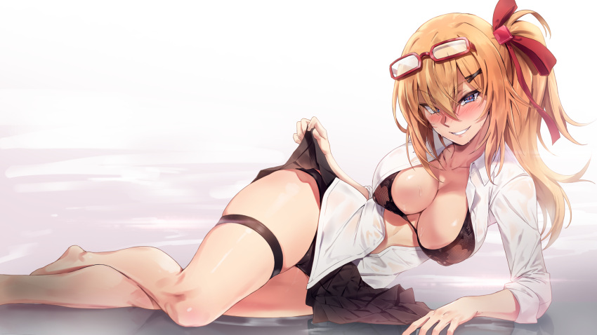 1girl bare_legs barefoot black_bra black_panties blouse blue_eyes blush bra breasts collarbone come_hither commentary_request covered_nipples eyebrows_visible_through_hair eyes_visible_through_hair eyewear_on_head full_body girls_frontline gloves hair_between_eyes hair_ornament hair_ribbon hairclip heart heart-shaped_pupils highres honey_yun kalina_(girls_frontline) large_breasts lifted_by_self long_hair looking_at_viewer lying miniskirt on_side open_mouth panties parted_lips pleated_skirt red-framed_eyewear ribbon shiny shiny_skin side_ponytail simple_background skindentation skirt sleeves_rolled_up solo symbol-shaped_pupils thigh_strap thighs unbuttoned underwear white_blouse