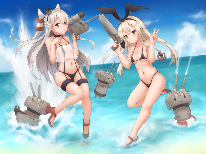 2girls amatsukaze_(kantai_collection) bikini black_bikini blonde_hair blue_sky blush breasts clouds eyebrows_visible_through_hair full_body green_eyes grey_hair hair_between_eyes highres k_jie kantai_collection long_hair micro_bikini multiple_girls ocean open_mouth orange_eyes rensouhou-chan rensouhou-kun shimakaze_(kantai_collection) sky small_breasts smile swimsuit turret twintails