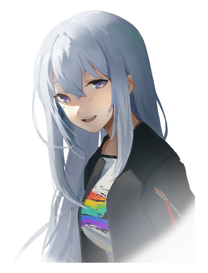 1girl :d bangs black_jacket commentary_request crossed_bangs grey_hair hair_between_eyes highres jacket long_hair looking_at_viewer mole mole_under_eye open_clothes open_jacket open_mouth original shirt simple_background smile solo upper_body violet_eyes waterkuma white_background white_shirt