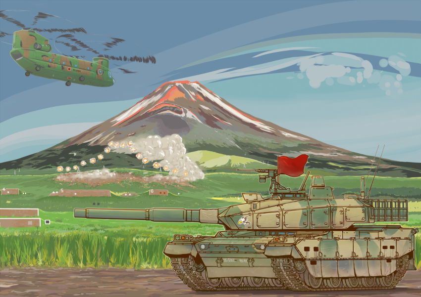 aircraft caterpillar_tracks ch-47_chinook clouds day flag grass ground_vehicle helicopter japan_ground_self-defense_force japan_self-defense_force meijou_inurou military military_vehicle motor_vehicle mount_fuji mountain no_humans sky tank type_10_(tank)