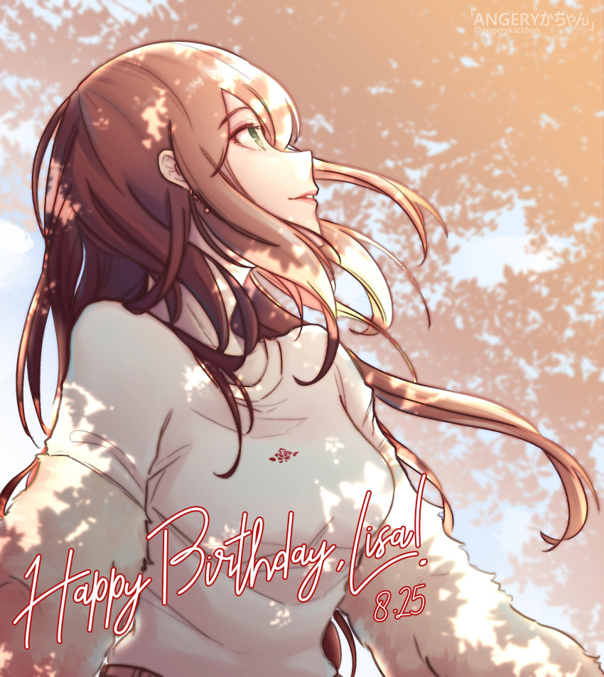 1girl absurdres angerykacchan artist_name bang_dream! blouse brown_hair dappled_sunlight dated earrings english green_eyes happy_birthday highres imai_lisa jewelry long_hair looking_up outdoors parted_lips solo sunlight twitter_username upper_body white_blouse