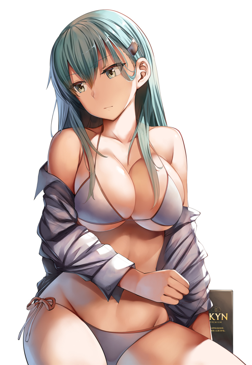 1girl alternate_costume aqua_hair arm_across_waist arm_support bangs bare_shoulders bikini breasts cleavage closed_mouth collarbone collared_shirt expressionless eyebrows_visible_through_hair green_eyes groin hair_between_eyes hair_ornament hairclip highres kantai_collection large_breasts lolicept long_hair long_sleeves looking_away off_shoulder open_clothes open_shirt shirt side-tie_bikini sidelocks simple_background sitting skindentation solo stomach suzuya_(kantai_collection) swimsuit thighs white_background white_bikini white_shirt