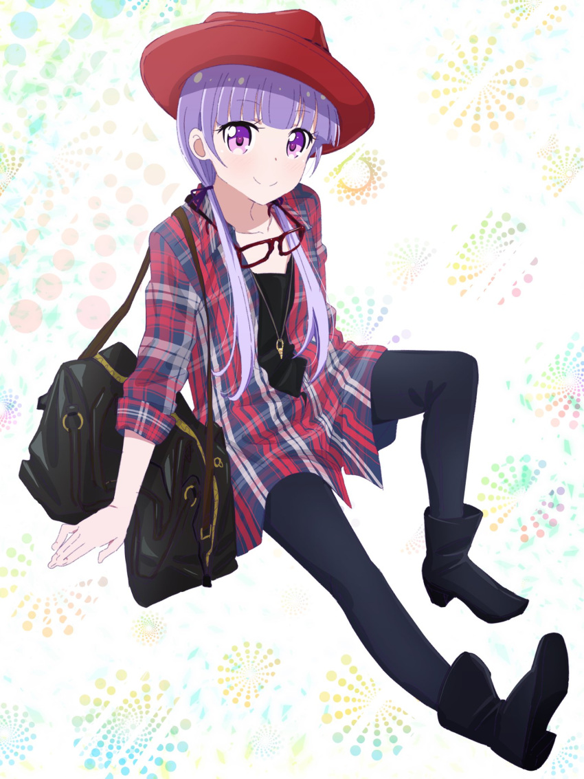 1girl arm_support bag bangs black_footwear black_pants black_shirt blunt_bangs boots collarbone eyebrows_visible_through_hair eyewear_around_neck full_body glasses hair_ribbon hat highres jewelry long_hair looking_at_viewer low_twintails necklace new_game! pants pink_eyes pink_x purple_hair purple_ribbon red-framed_eyewear red_hat ribbon shiny shiny_hair shirt sitting smile solo suzukaze_aoba twintails white_background