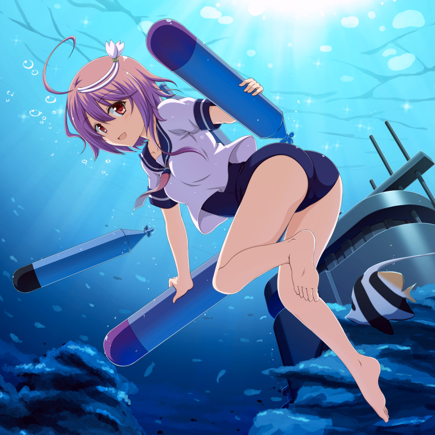 1girl :d absurdres ahoge barefoot bubble commentary_request feet fish hair_ornament highres i-58_(kantai_collection) kantai_collection legs looking_at_viewer moorish_idol neckerchief open_mouth pink_hair red_eyes sailor_collar school_swimsuit school_uniform serafuku shira-nyoro short_hair smile soles solo swimsuit swimsuit_under_clothes torpedo underwater water