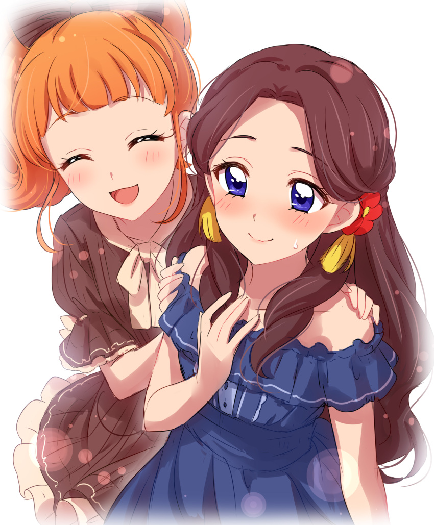 2girls :d aikatsu! aikatsu!_(series) bangs bare_shoulders blue_dress blunt_bangs blush bow brown_dress closed_eyes closed_mouth commentary_request dress eyebrows_visible_through_hair flower fujiwara_miyabi_(aikatsu!) hair_bow hair_flower hair_ornament hand_on_own_chest hands_on_another's_shoulders highres kurisu_kokone long_hair multiple_girls open_mouth orange_hair sekina simple_background smile sweatdrop very_long_hair white_background
