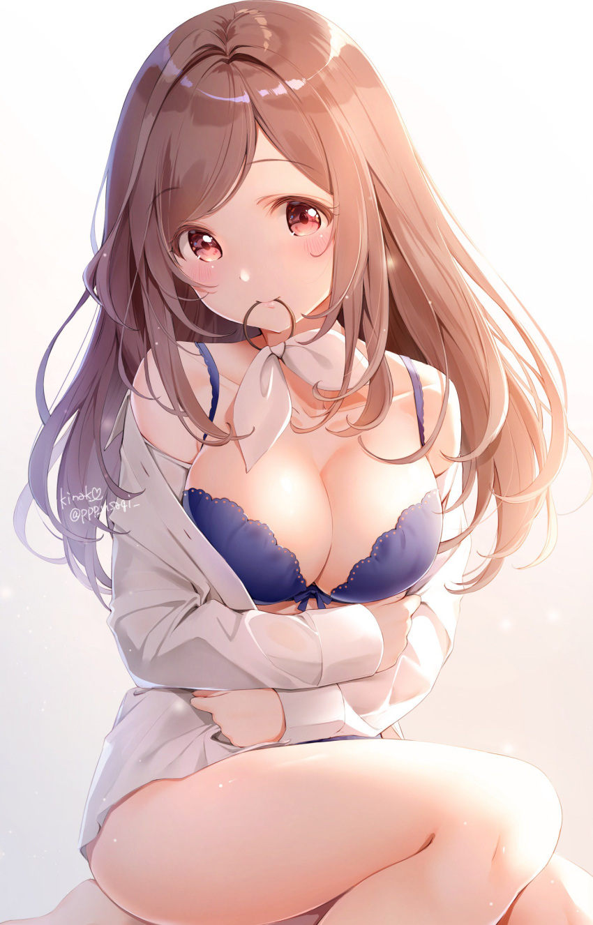 1girl absurdres bangs bare_legs blouse blue_bow blue_bra blush bow bra breast_hold breasts brown_hair cleavage collarbone colored_eyelashes commentary_request eyebrows_visible_through_hair hair_bow head_tilt highres idolmaster idolmaster_shiny_colors large_breasts long_hair looking_at_viewer mouth_hold open_blouse open_clothes pink_eyes ribbon shiny shiny_skin shiratama_akane signature sitting solo thighs tsukioka_kogane underwear white_blouse