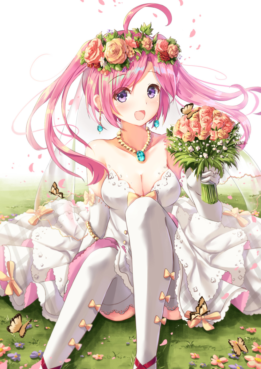 1girl :d absurdres ahoge animal arm_support azur_lane bangs bare_shoulders blush bouquet breasts brown_flower brown_rose bug butterfly cleavage collarbone commentary_request dress earrings elbow_gloves eyebrows_visible_through_hair flower gloves grass hair_between_eyes head_flag highres holding holding_bouquet holmemee insect jewelry long_hair medium_breasts on_grass open_mouth pantyhose pendant pink_hair purple_flower red_flower red_rose ring rose saratoga_(azur_lane) sitting smile solo strapless strapless_dress twintails very_long_hair violet_eyes wedding_band white_background white_dress white_gloves white_legwear