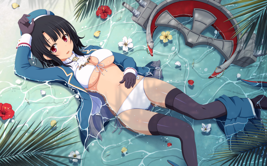 1girl absurdres arm_up ascot beach bikini black_gloves black_hair black_legwear blush breasts cannon cleavage cravat day flower flower_on_water front-tie_bikini front-tie_top gloves hand_on_own_stomach hat hibiscus highres jacket kantai_collection large_breasts looking_at_viewer lying machinery navel on_back open_clothes open_jacket outdoors palm_leaf partially_submerged petals red_eyes resized rigging ripples sand shira-nyoro short_hair side-tie_bikini skirt skirt_around_one_leg smile solo stomach swimsuit takao_(kantai_collection) thigh-highs turret under_boob upscaled water white_bikini