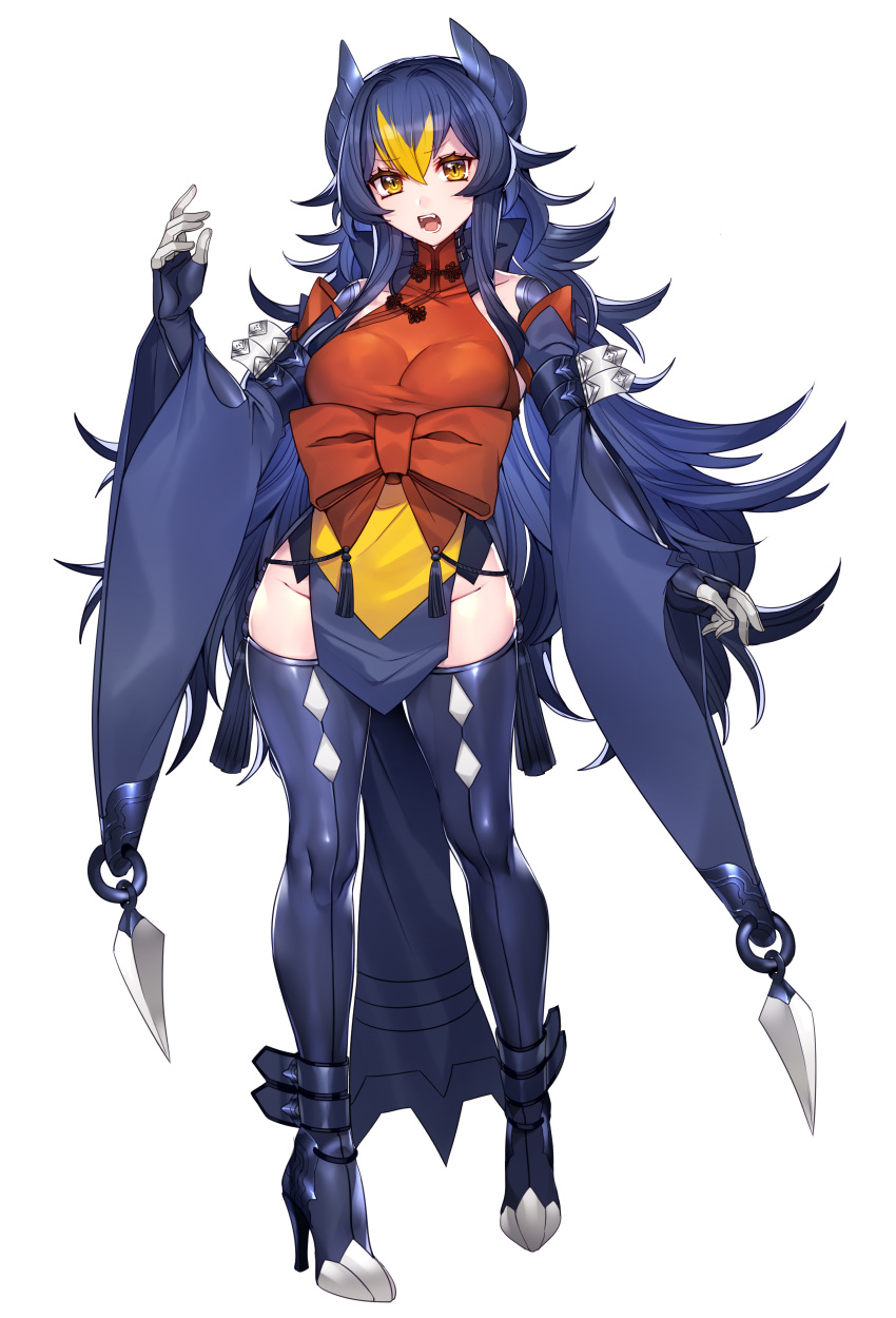 1girl absurdres bangs blonde_hair blue_hair boots bow bowtie breasts commentary_request covered_collarbone creatures_(company) eyebrows_visible_through_hair fangs full_body game_freak garchomp gen_4_pokemon gloves high_heels highres horns japanese_clothes katagiri_hachigou long_hair long_sleeves medium_breasts multicolored_hair nintendo open_mouth original pelvic_curtain personification pokemon shiny shiny_clothes simple_background solo standing thigh-highs thigh_boots turtleneck white_background wide_sleeves yellow_eyes