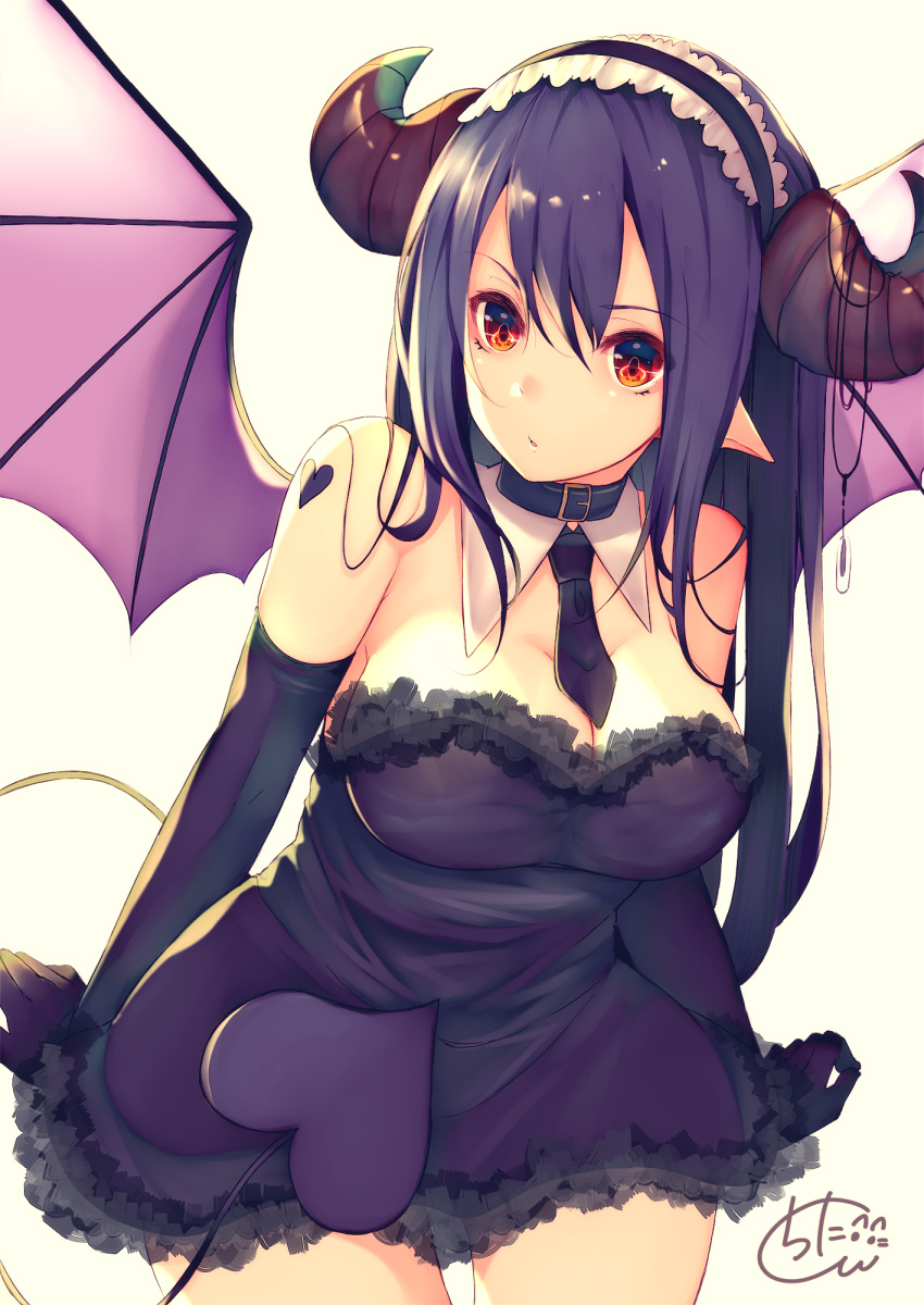 1girl bangs bare_shoulders beige_background belt_buckle belt_collar black_collar black_hairband blush breasts buckle chita_(ketchup) commentary_request cowboy_shot curled_horns demon_girl demon_horns demon_tail demon_wings dress elbow_gloves eyebrows_visible_through_hair frilled_dress frills gloves hair_between_eyes hairband highres horns long_hair looking_at_viewer medium_breasts necktie original parted_lips pink_wings pointy_ears purple_dress purple_gloves purple_hair purple_neckwear red_eyes short_necktie signature simple_background solo strapless strapless_dress tail very_long_hair wings
